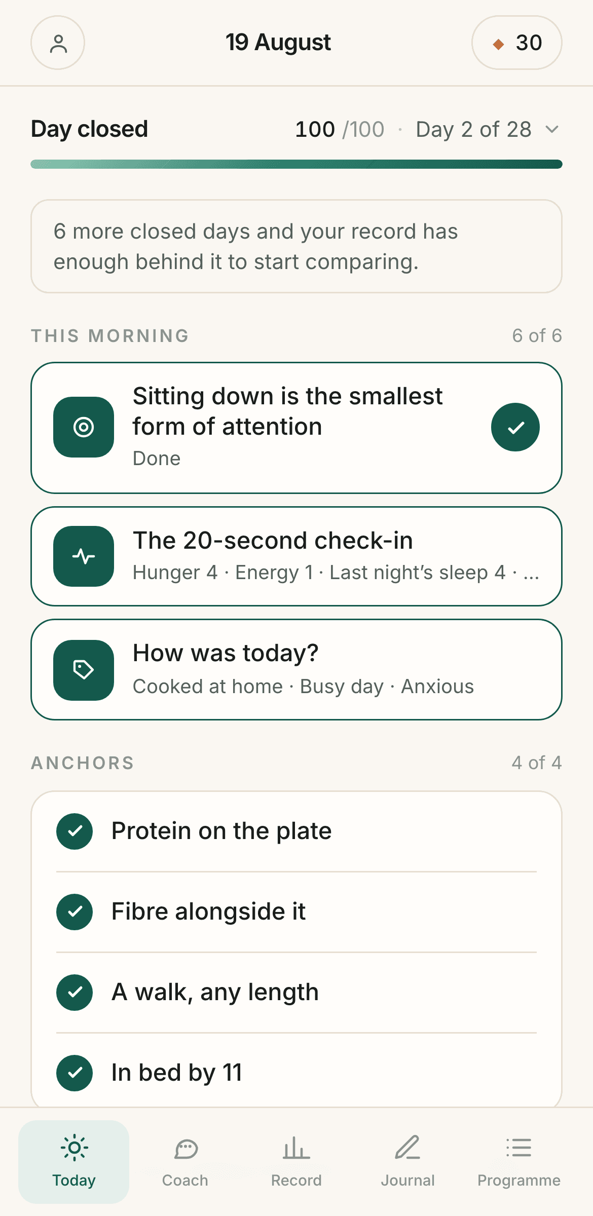 The JointDays member home: score ring, today's action, and daily anchors